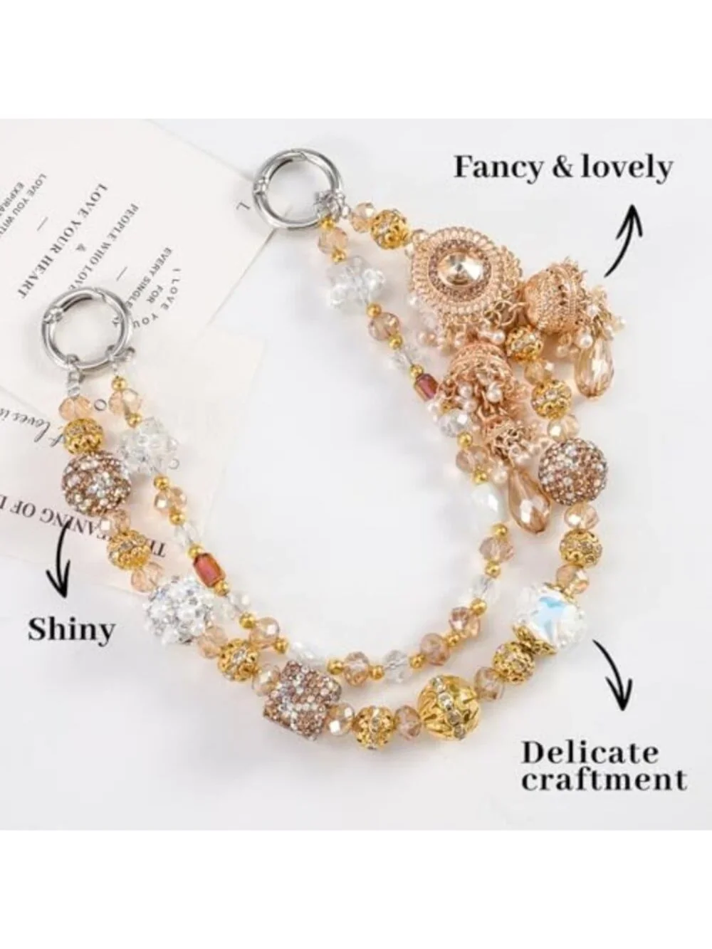 Elegant Jeweled Phone Charm Strap - Black & Gold Wrist Accessory for Phones